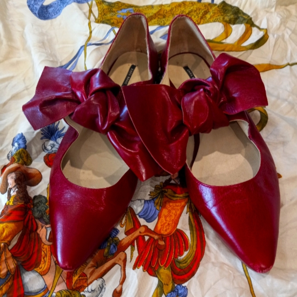 Zara Red Pointed-Toe Flats with Knotted Bow